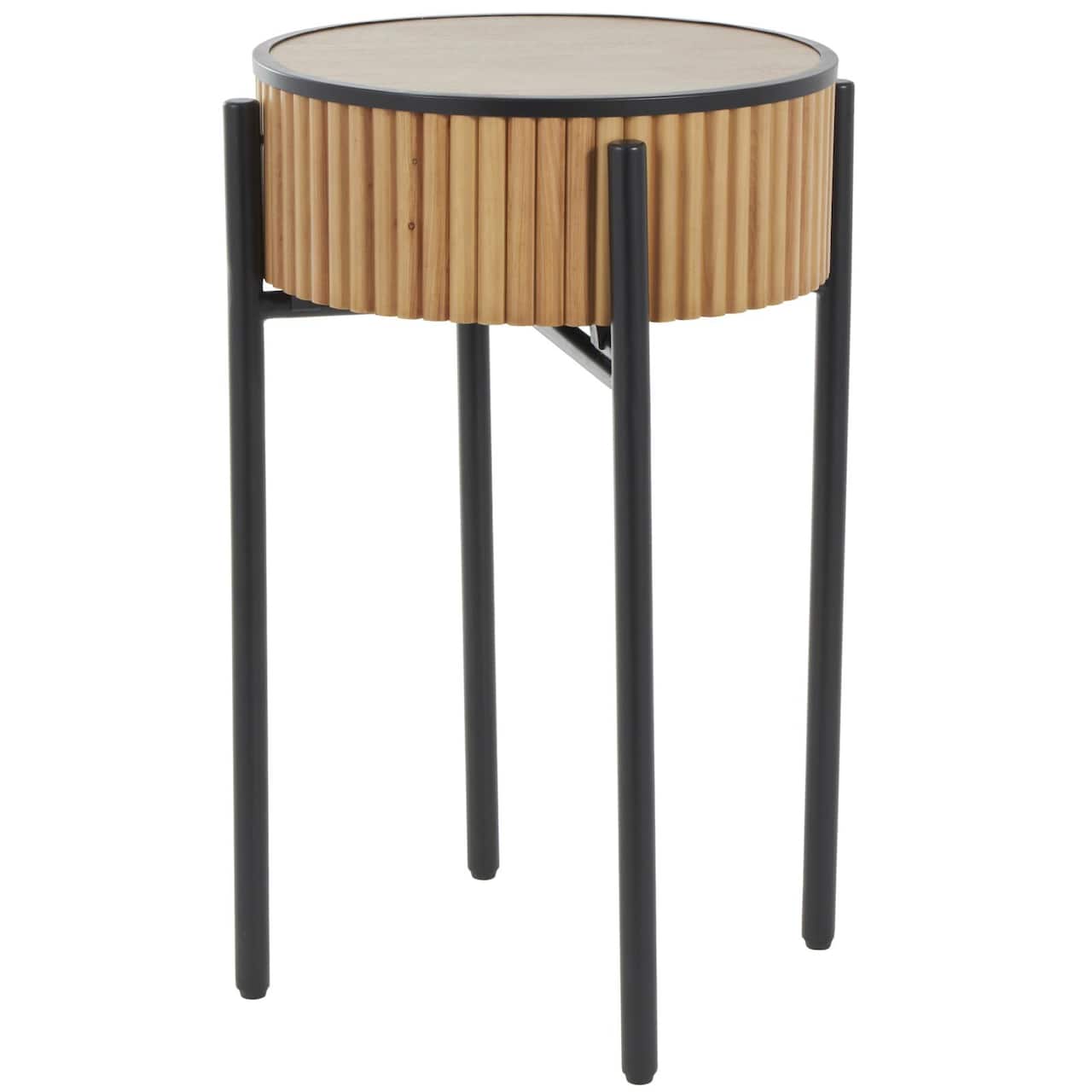 26.5" Brown Wood Handmade Slatted Side End Accent Table with Black Legs